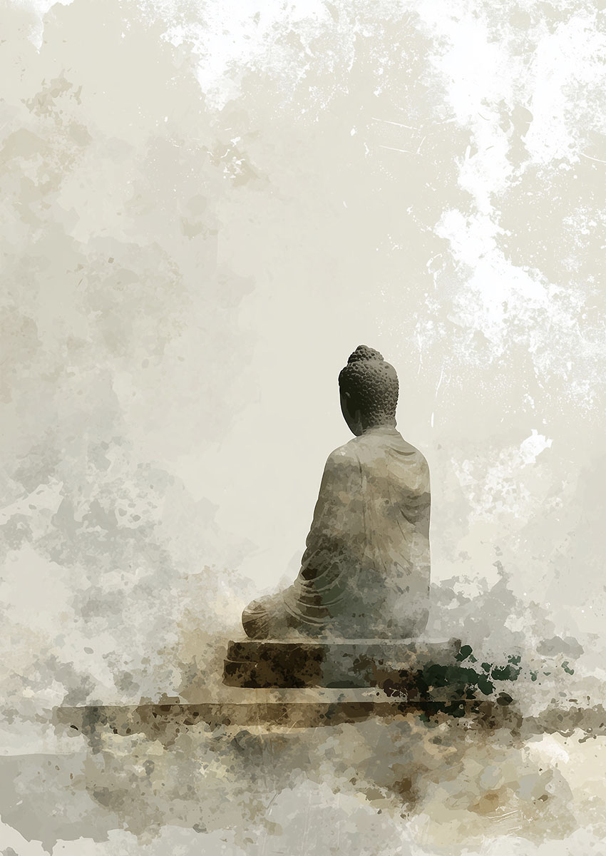 Artwork of a serene Buddha sculpture surrounded by soft abstract textures in muted tones.